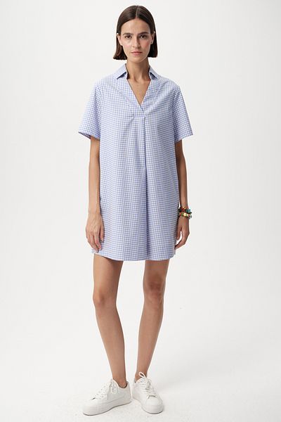 Allyco V Neck Short Sleeve Blue White Shirt Dress