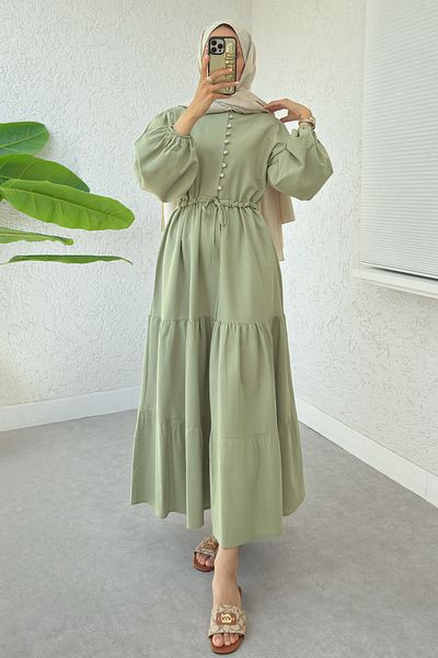 Salih Çelebi Waist Gathered Layered Dress 2378 - Light Khaki
