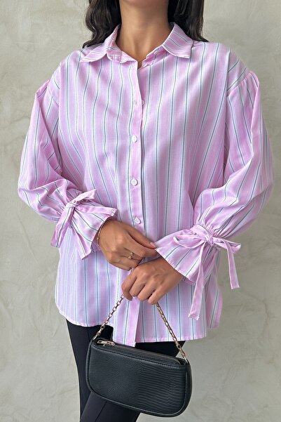 MD trend Γυναικείο πουκάμισο με ριγέ μανίκι με κορδόνια