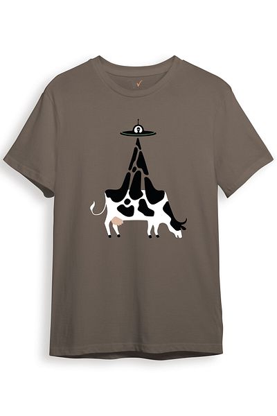 WİDİ Ufo Cow Abduction Printed Humorous 100% Cotton Regular Fit Unisex T-Shirt