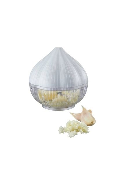 2DAYFIND Manual Garlic Chopper, Garlic Design, Press Action, ABS and Stainless Steel, White