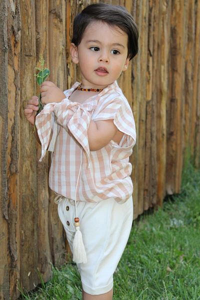Z KİDS Cream Checkered Tasseled Children's Baby Suit