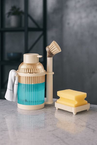 Sas Haus 4 Piece Kitchen & Bathroom White Cleaning Set – Liquid Soap Dispenser, Brush, Towel Holder & Sponge Holder