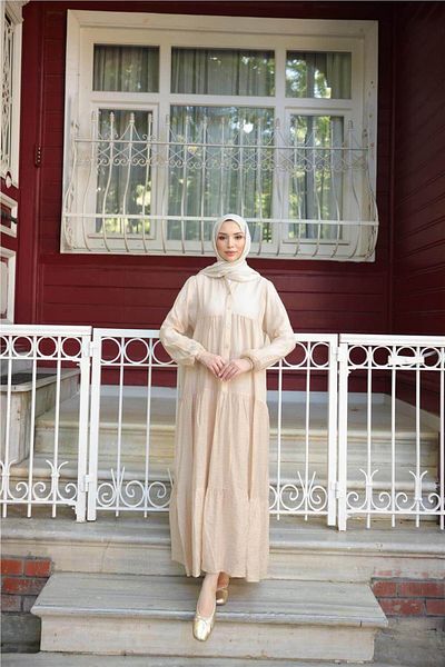 Bwest Semi-Button Pleated and Elastic Sleeve Long Loose Dress - (38-46) - 71277 - Beige