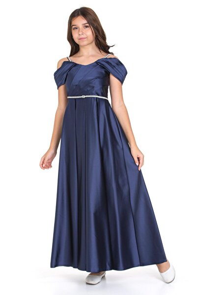 bertula Kız Çocuk Abiye Lacivert Taş Kordon Askılı Saten Abiye Elbise 10-14 Yaş
