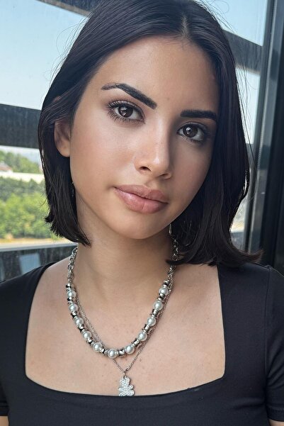 TAKIŞTIR Silver Color Bear Figured Pearl Detailed Multiple Necklace