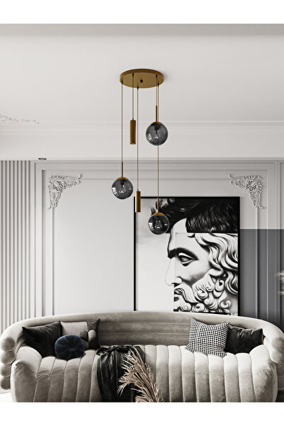 avizade VİENNA Modern Eskitme Metal Gövdeli 5'li Sarkıt Avize - 3 Füme Cam Küre 2 Led Spot, E27 Duy-G10 Duy