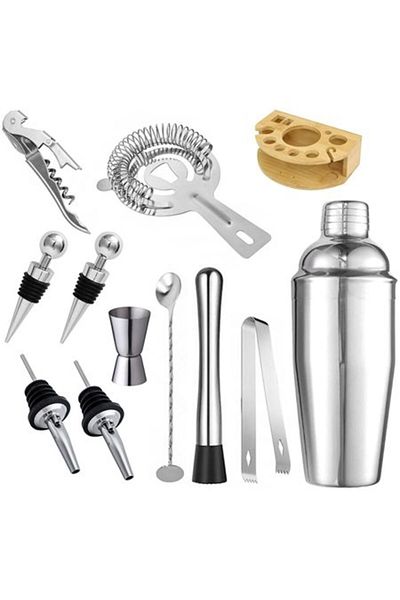 zola Set barman 12 piese pentru cocktail-uri, suport bambus, inox, 21 x 13.5 x 7 cm, arginitiu