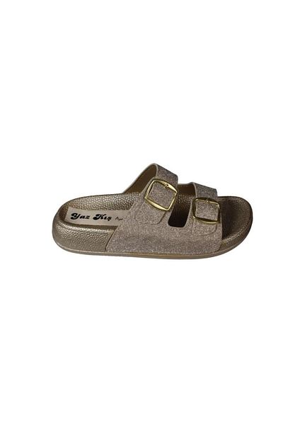Yaz Kış Ayakkabı Yazkiş women's black platinum double buckle shiny fabric slippers