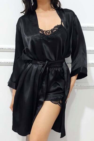 FashionForYou Σετ τριών τεμαχίων από σατέν, Alisia, ρόμπα, κοντό παντελόνι και τοπ με δαντελένια ένθετα, Μαύρο