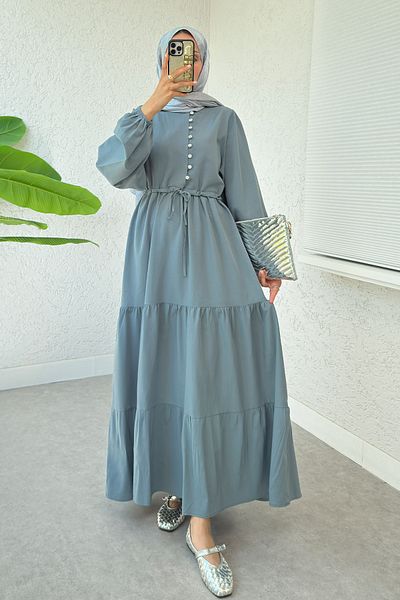 Salih Çelebi Waist Gathered Layered Dress 2378 - Powder Blue