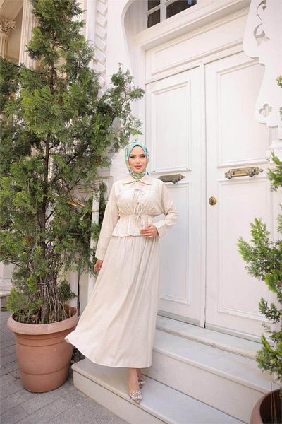 Bwest Shirt Collar Gathered, Lace-Up Short Tunic Flowing Skirt Set - (38-46) - 71291 - Beige