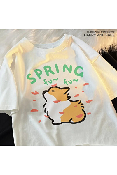 Tarzsokak Tricou alb cu desene animate, cu model drăguț de pisică și câine, t...