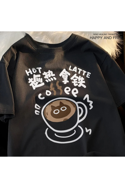 Tarzsokak Black Hot Latte Coffee Cat Comedy Spring Cat Shoulder Drop Stil jap...