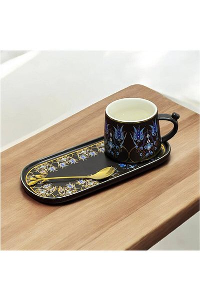 JOVY Porcelain Set 250 ml Cup, Saucer and Spoon, Contrast Floral Collection Black with Blue Flowers