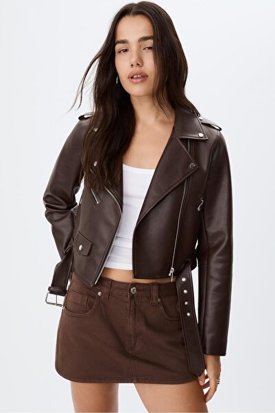 Stradivarius Kemerli suni deri biker ceket