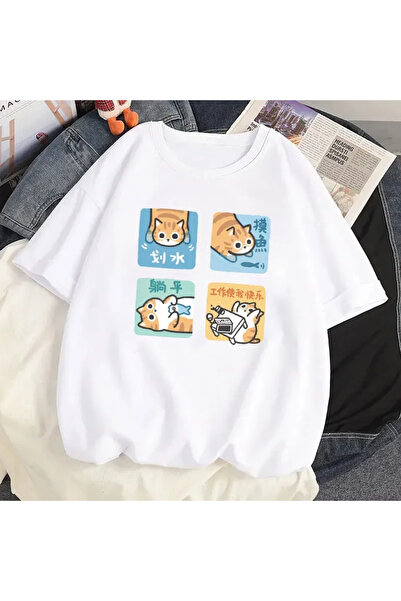 Tarzsokak Tricou cu grafică albă cu desene animate și pisică drăguță, imprime...