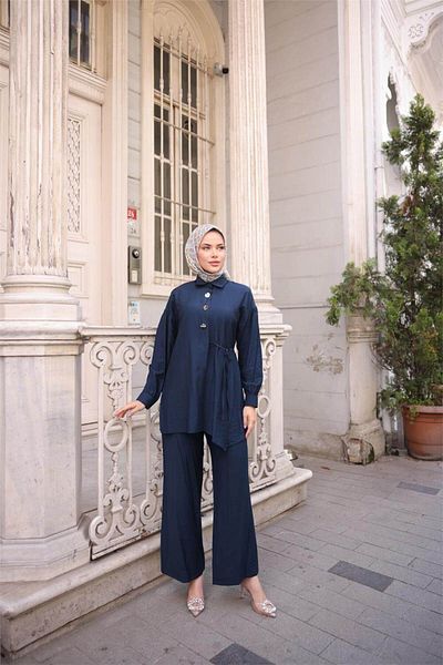Bwest Shirt Collar Waist Semi-Lace Pocket Metal Button Detailed Double Hijab Tracksuit Set - (38-46) -
