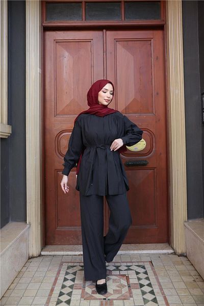Bwest Waist Laced Drawstring Short Tunic Double Hijab Tracksuit Set - (38-46) - 71298 - Black