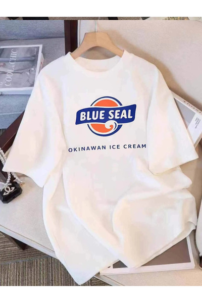 Tarzsokak Alb Summer Blue Seal Print cu desene animate Gât rotund Stiluri dră...