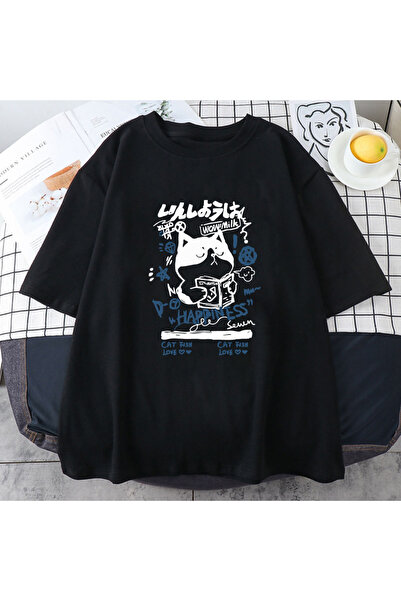 Tarzsokak Tricouri cu imprimeu grafic Kanji Cat luKawaii negre japoneze