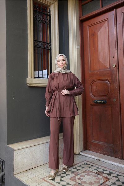 Bwest Waist Laced Gathered Short Tunic Double Hijab Tracksuit Set - (38-46) - 71298 - Brown