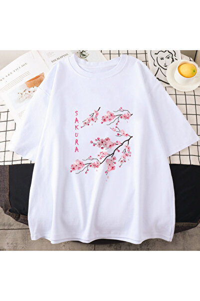Tarzsokak Tricou cu imprimeu amuzant și frumos cu flori de cireș Sakura alb