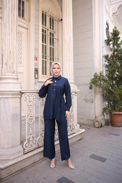 Bwest Shirt Collar Waist Semi-Lace Pocket Metal Button Detailed Double Hijab Tracksuit Set - (38-46) -