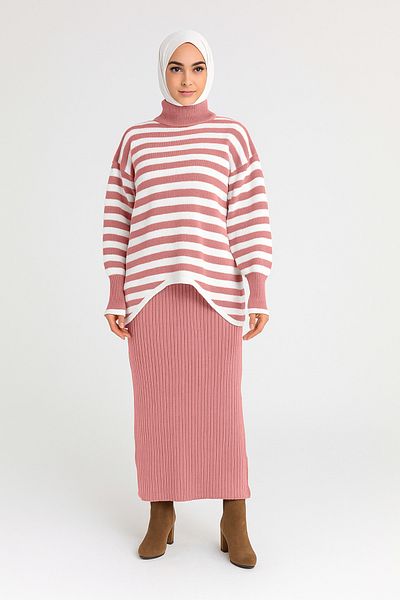 Sonbaharmoda Top Sweater Striped Bottom Dress Knitwear Set – Two Pieces – Modern & Comfortable