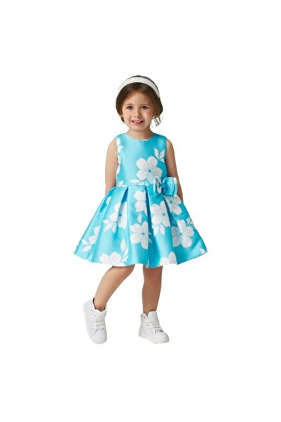 Sarabanda I Do, Elegant Satin Dress with Floral Print for Girls, Turquoise, 104 CM