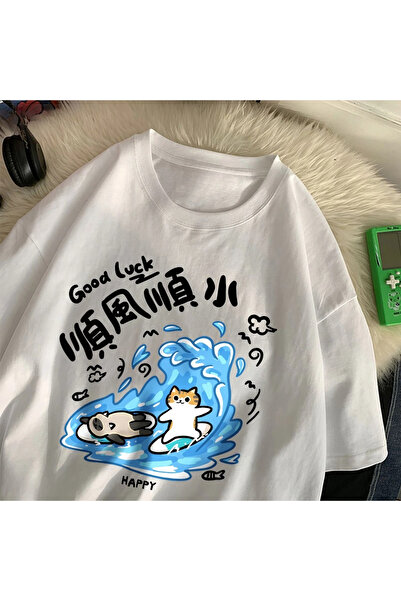 Tarzsokak Alb Noroc cu norocul, desen animat cu pisică, imprimeu cu desene an...