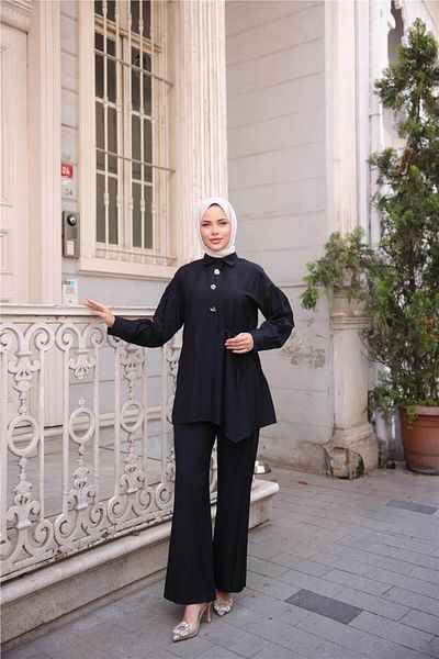 Bwest Shirt Collar Waist Semi-Lace Pocket Metal Button Detailed Double Hijab Tracksuit Set - (38-46) -