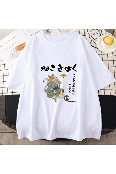 Tarzsokak Λευκό ιαπωνικό Kanji Εκτύπωση Ζώα Καλοκαιρινό T-Shirt Kawaii για γάτες