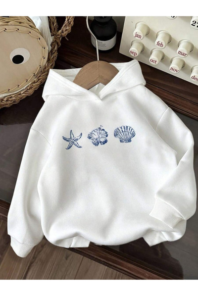 MOONBULL Women's Starfish - Flower - Oyster Printed Overszie Hooded Sweatshirt