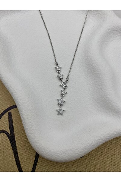 Hedef Bijuteri Silver Color Starry Y Necklace with Zircon Stone, Y Model Shooting Star Necklace