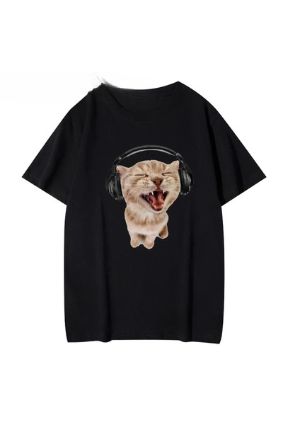 Tarzsokak Tricou negru cu imprimeu Kawaii Puppy Headphones Tkırmızlar