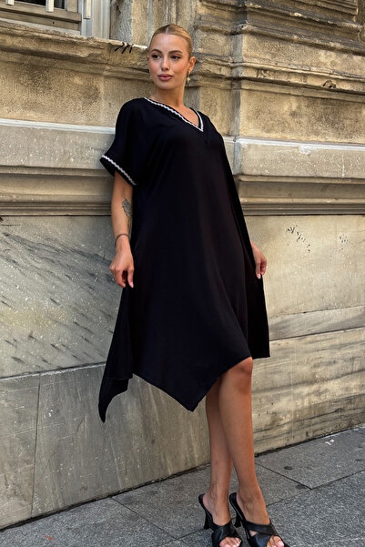 VAGGON Women's Black V-Neck Short Sleeve Stripe Patterned Dress Vs00734