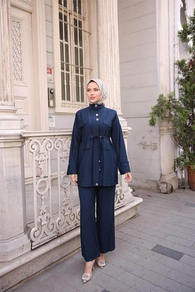 Bwest Turtleneck, Elastic Waist, Pocket, Metal Button Detail, Double Hijab Tracksuit Set - (38-46) - 712