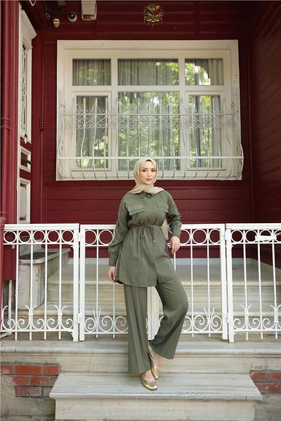 Bwest Shirt Collar Waist Laced Short Tunic Double Hijab Tracksuit Set - (38-46) - 71299 - Khaki