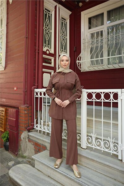 Bwest Σετ Φόρμας Με Πουκάμισο Κοντό Τούνικ με Κορδόνια στη Μέση - (38-46) - 71299 - Καφέ