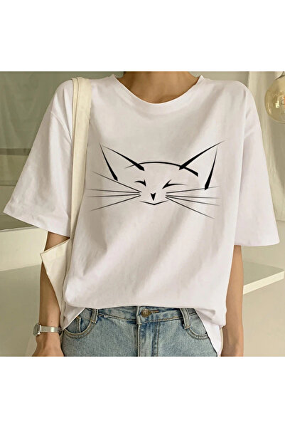 Tarzsokak White New Cute Cat Funny Cartoon Print Tshirt Harajuku Kawaii T-Shi