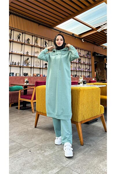 Bwest Hosszú tunika kapucnis, kétoldalas hasított szegélyű sportruha - 03034-1.100 - Çağla zöld