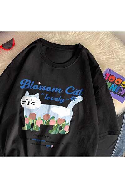 Tarzsokak Όμορφο λουλούδι της Black Street με στάμπα γάτας, ρούχα δρόμου με λ...