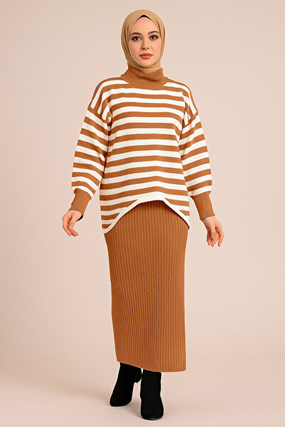 Sonbaharmoda Top Sweater Striped Bottom Dress Knitwear Set – Two Pieces – Modern & Comfortable