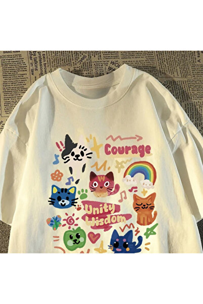 Tarzsokak Beyaz Kore Retro Sevimli Kedi ler için Gevşek Yuvarlak Boyun Yaz