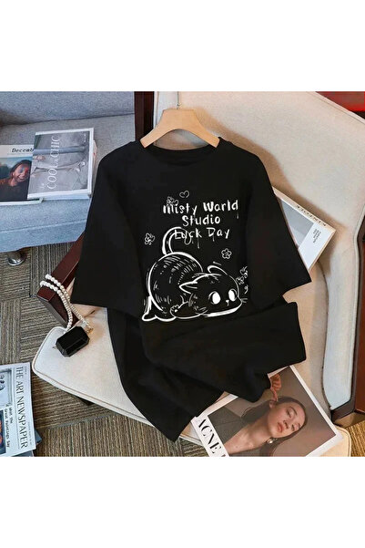 Tarzsokak Siyah s Round Neck Short Sleeve Loose Cute Cat Print Summer Y2K Kaw...