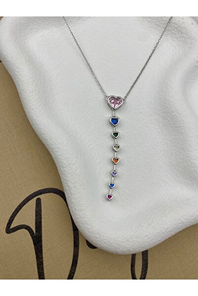 Hedef Bijuteri Silver Color Y Necklace with Colorful Stone Heart, Heart Model Y Necklace