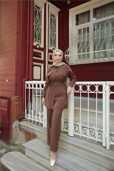 Bwest Shirt Collar Waist Laced Short Tunic Double Hijab Tracksuit Set - (38-46) - 71299 - Brown