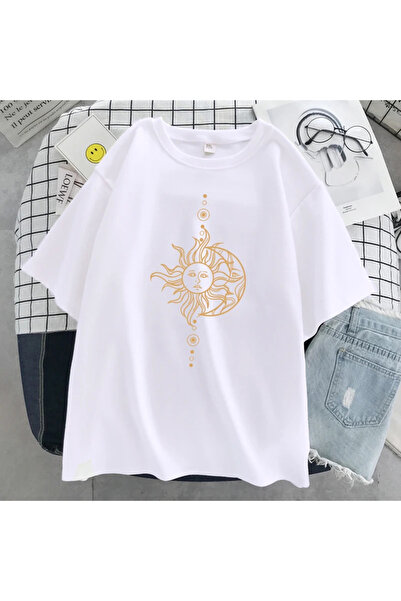 Tarzsokak White Funny'S Sun and Moon Face Print Summer Cool Hip Hop