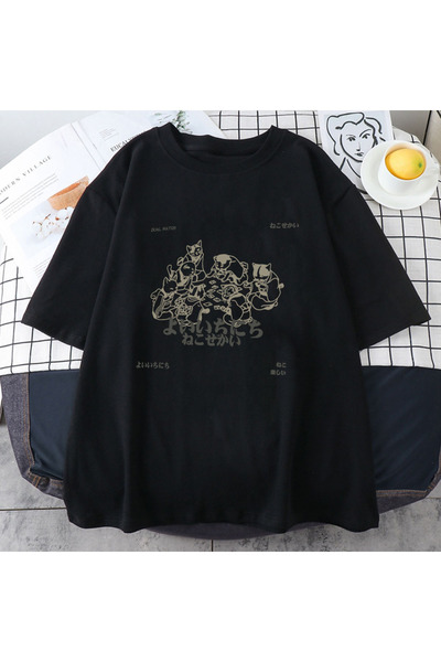 Tarzsokak Îmbrăcăminte de stradă cu pisici și caractere japoneze negre